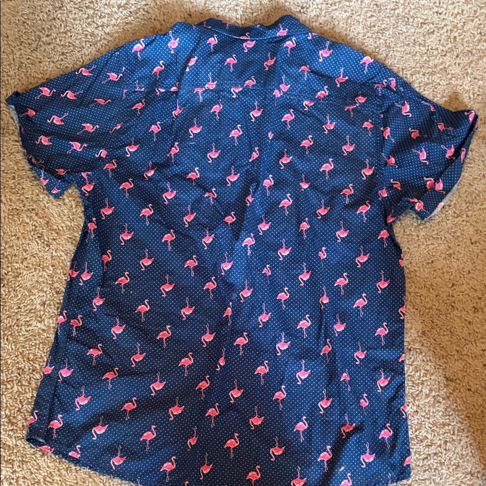 Good Vibes Slim Fit Navy Short-Sleeve Button-Down-Pink Flamingo Print Size Large - Picture 6 of 8
